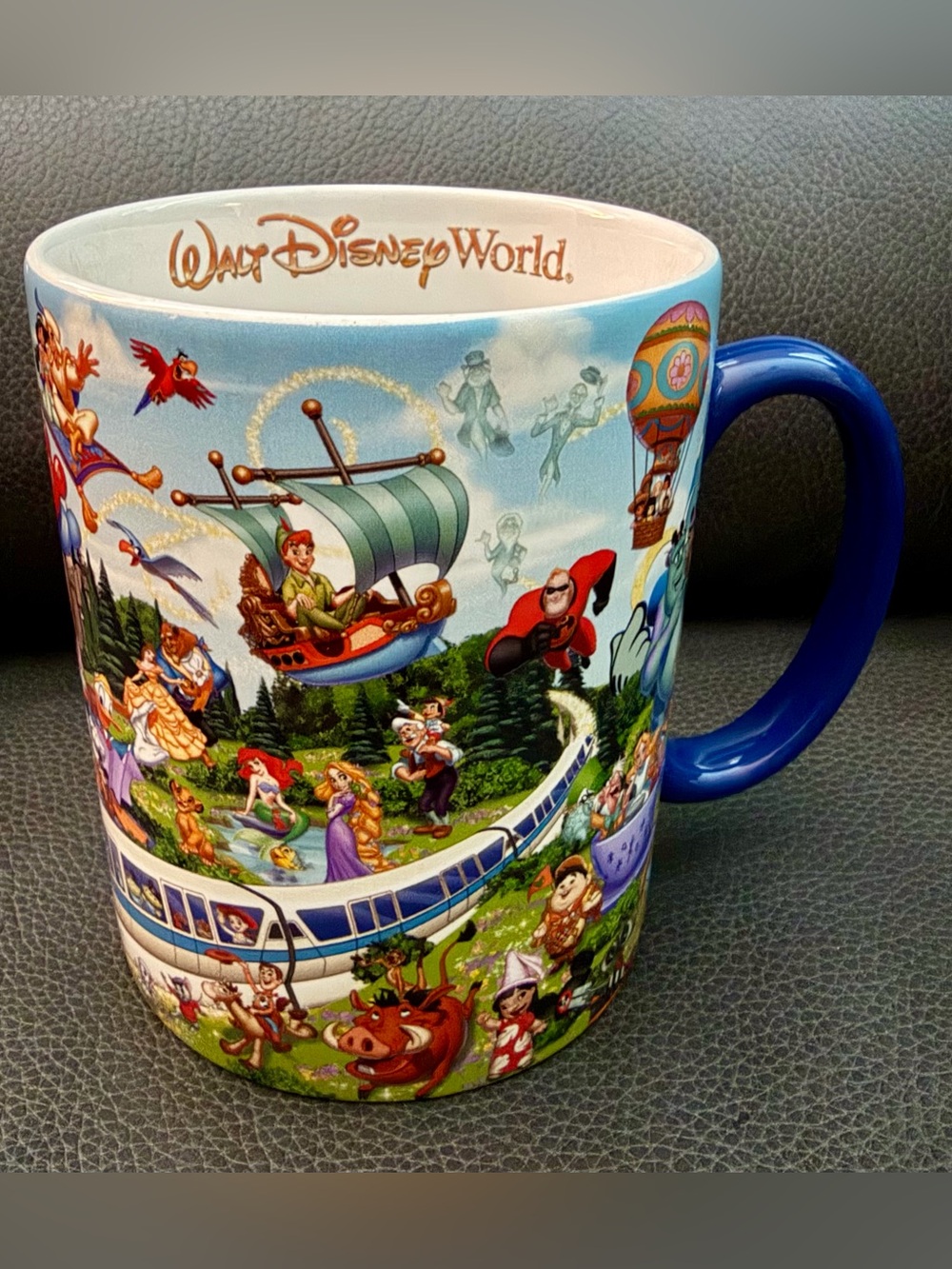 Disney Parks/Pixar Character Collage Oversized Mug with Blue Handle, Nice!!